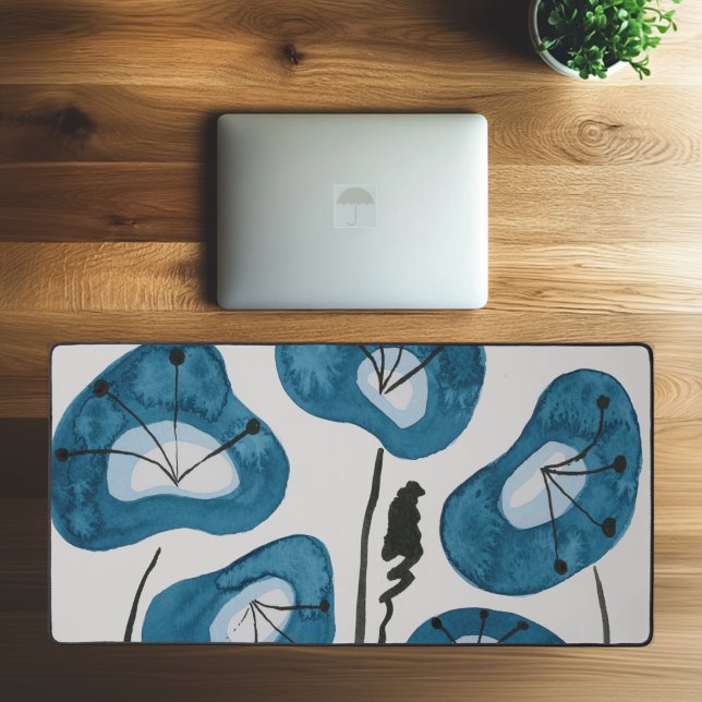 Aquarelle moderne Peacock Blue Poppies élégant (Desk Pad with Modern Blue Poppies, Watercolor Flowers)