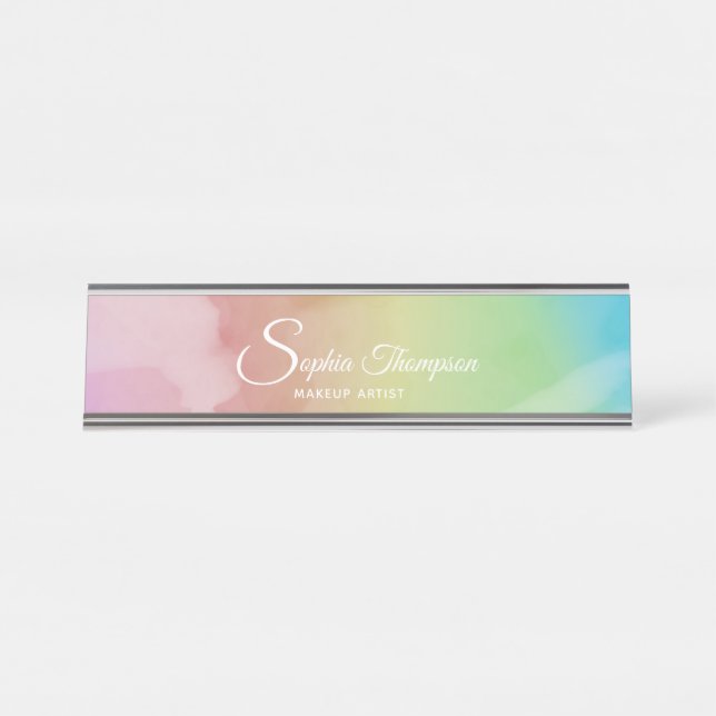 Aquarelle moderne Script Rainbow Pastel Nom Plaque (Devant)