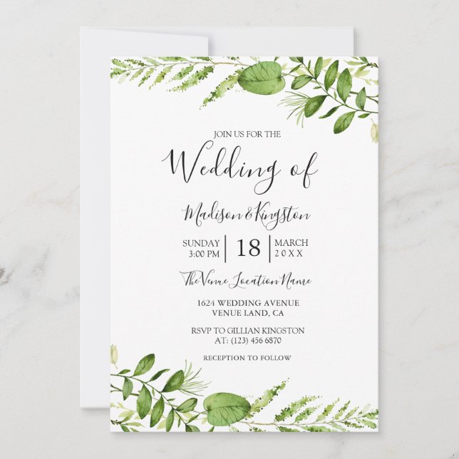 Aquarelle moderne verte Mariage Feuille Invitation (Devant)