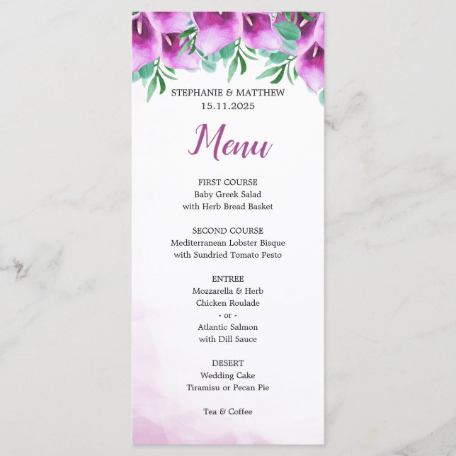 Aquarelle moderne violet Calla Lily Menu Mariage (Devant)
