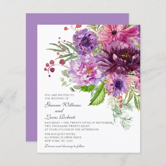 Aquarelle monochrome violet budget Mariage (Devant / Derrière)