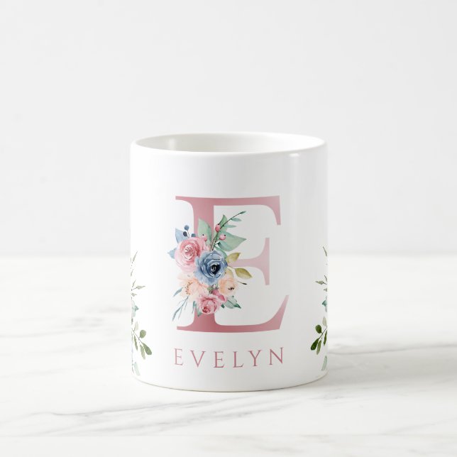Aquarelle Monogramme Floral Lettre E Café Mug (Centre)