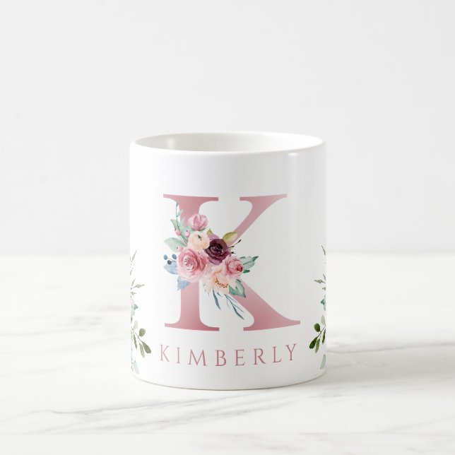 Aquarelle Monogramme Floral Lettre K Café Mug (Centre)