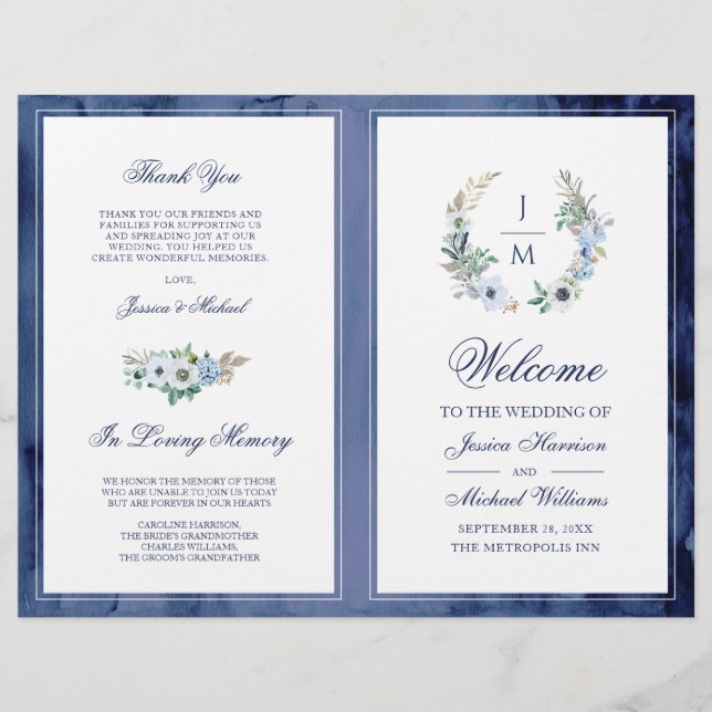 Aquarelle Monogramme Floral Wreath Wedding Program (Devant)