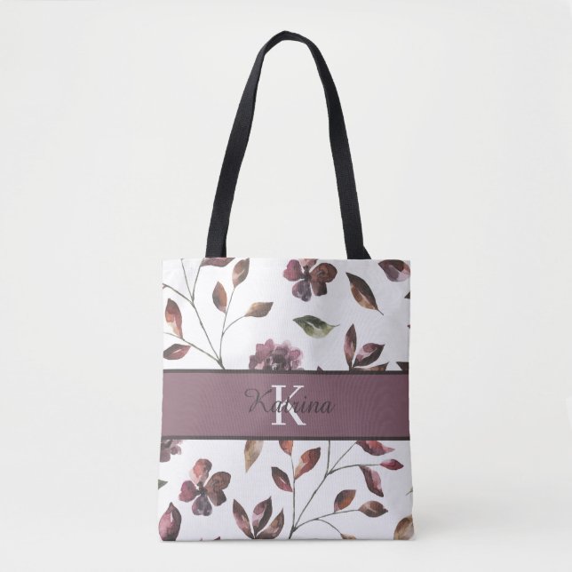 Aquarelle monogramme Sac fourre-tout floral (Devant)