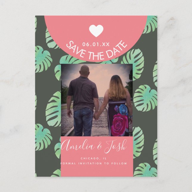 Aquarelle Monsteras rose Enregistrer la date Carte (Devant)