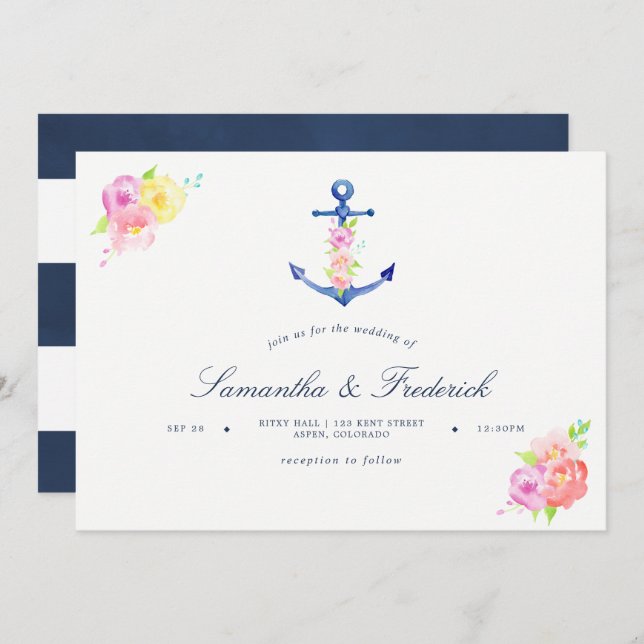 Aquarelle Nautique Thème Ancre Mariage Invitation (Devant / Derrière)