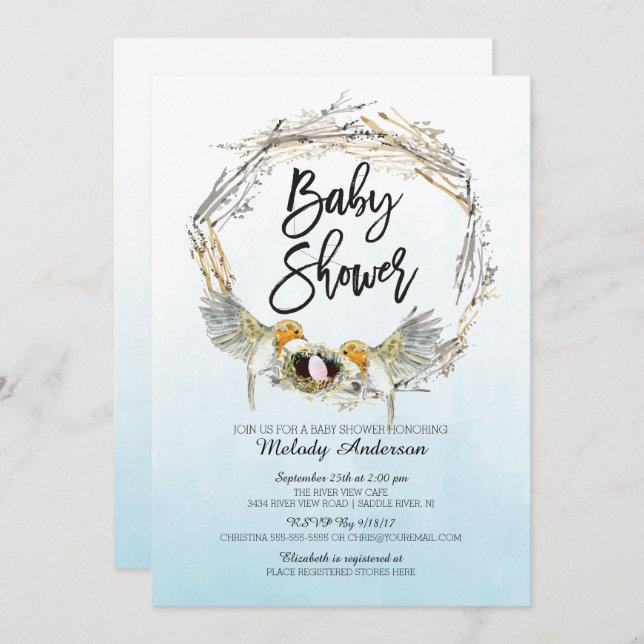 Aquarelle Nid Filles Invitation Baby shower (Devant / Derrière)