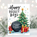 Aquarelle Nom de famille Carte de Noël de hockey<br><div class="desc">Carte de Noël de hockey sur aquarelle avec le texte Joyeuses Journées de hockey et votre nom de famille et les noms individuels.</div>
