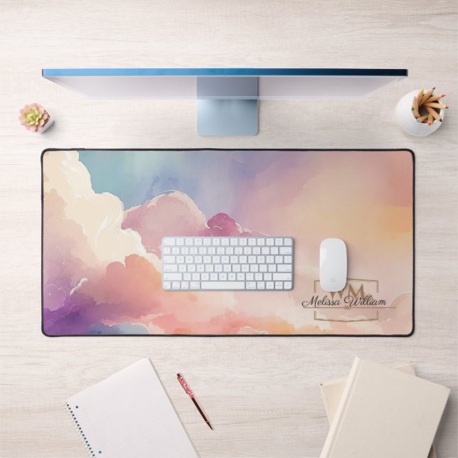 Aquarelle Nuages Noir Or Monogramme Nom Script (Bureau 1)