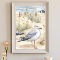 Aquarelle Ocean Beach Poster de mouettes
