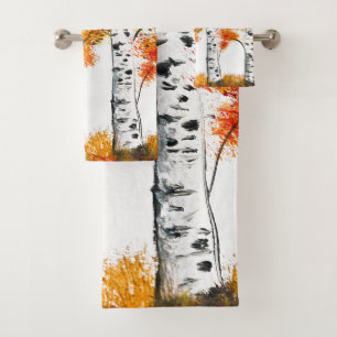 Aquarelle Oiseaux Arbres Automne Orange Feuille