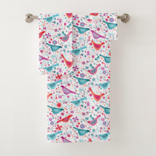 Aquarelle Oiseaux dans un jardin Floral Turquoise 