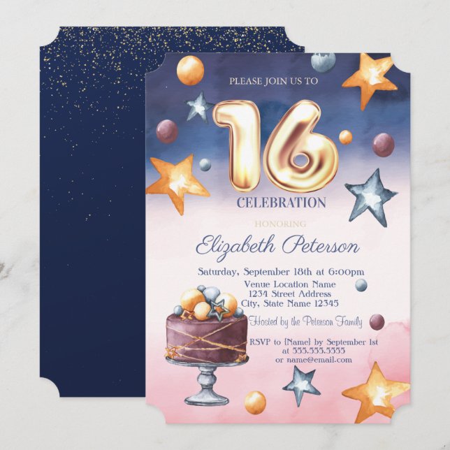 Aquarelle Ombre Stars Cake Sweet 16 Invitation (Devant / Derrière)