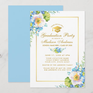 Aquarelle or bleu Floral Grad Party Invitation B