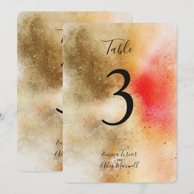 Aquarelle Or et Orange | Cartes de numéros de tabl (Devant / Derrière)
