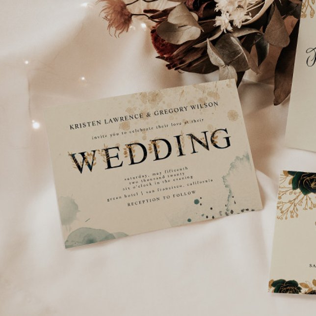 Aquarelle or et Roses verts Faire-part de mariage (Créateur téléchargé)
