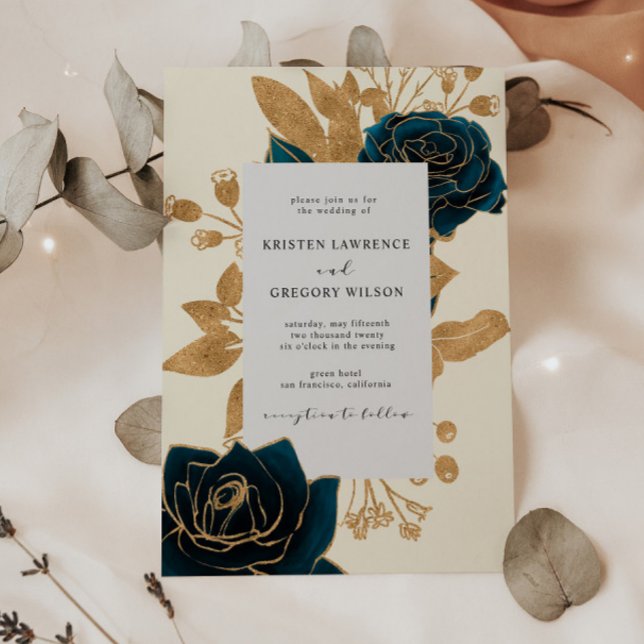 Aquarelle or et Roses verts Faire-part de mariage (Créateur téléchargé)