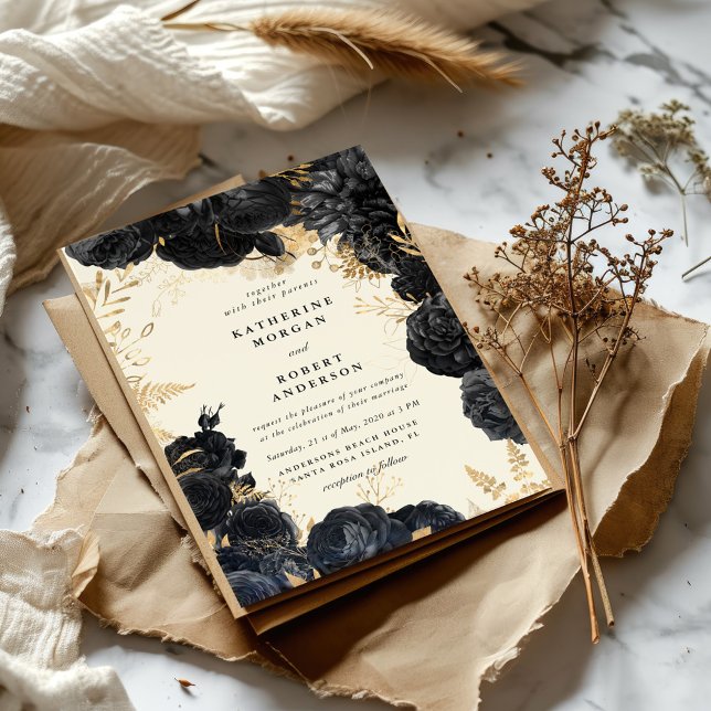 Aquarelle or noir roses Faire-part de mariage (Créateur téléchargé)