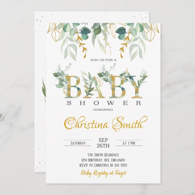 Aquarelle or vert Baby shower Invitation (Devant / Derrière)