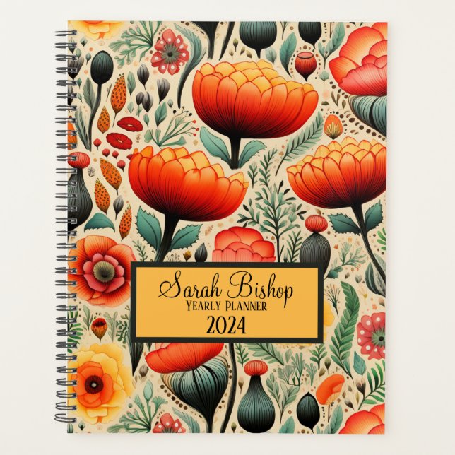 Aquarelle Orange Floral Annuel Planner Hardcover (Devant)
