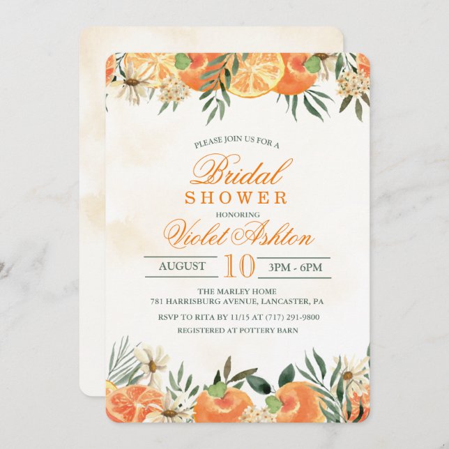 Aquarelle Orange Floral Douche nuptiale Invitation (Devant / Derrière)