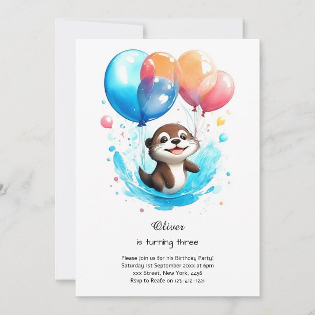 Aquarelle Otter Invitation Anniversaire (Devant)