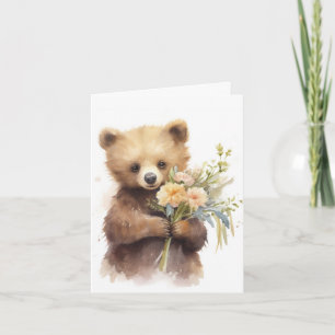 Aquarelle Ours Brown Avec Fleurs