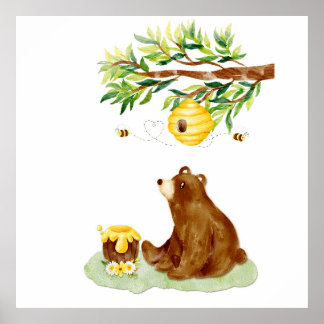 Aquarelle Ours Brun et Rucher Décoration Murale