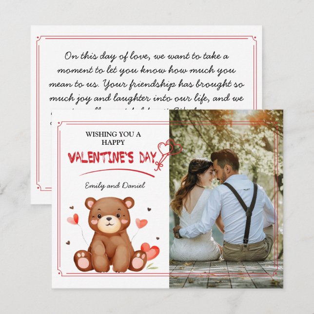 Aquarelle Ours Photo Saint Valentin Carte à plat (Devant / Derrière)