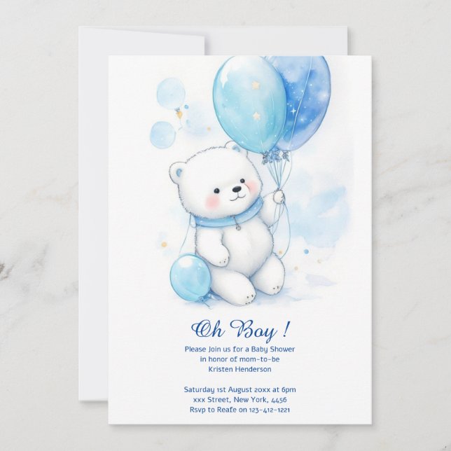 Aquarelle Ours polaire Baby shower Invitation (Devant)