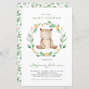 Aquarelle Ours Vert Baby shower Invitation