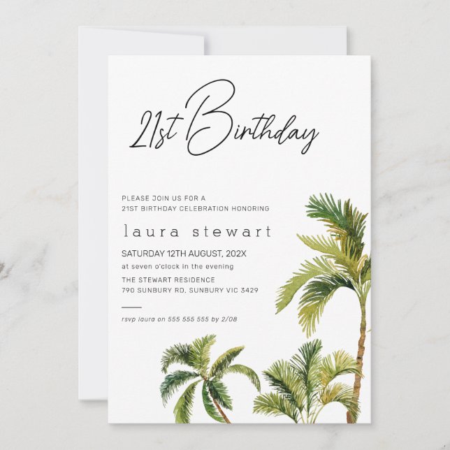 Aquarelle Palm Tree 21e Invitation anniversaire (Devant)