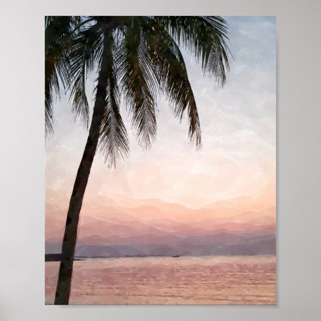 Aquarelle Palm Tropical Beach Sunset Poster (Devant)