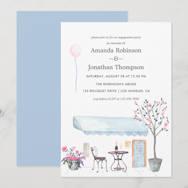 Aquarelle Paris thème Engagement invitation (Devant / Derrière)