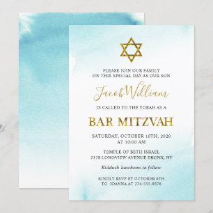 Aquarelle Pastel Blue Gold Bar Mitzvah Invitation