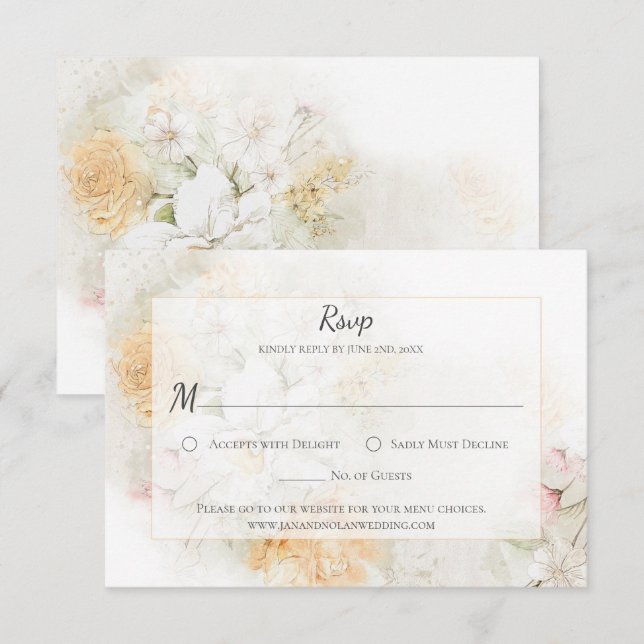 Aquarelle Pastel Jaune et Rose Roses RSVP (Devant / Derrière)