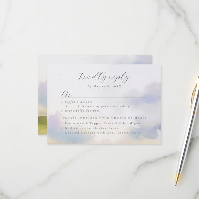 aquarelle paysage nuages RSVP avec choix de repas (Devant/Arrière en situation)