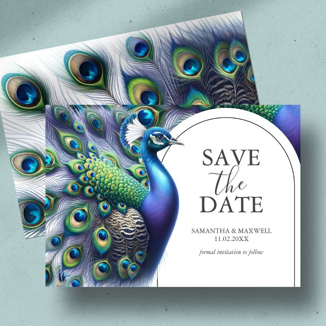 Aquarelle Peacock Enregistrer La Date Invitation (Save the date card with watercolor peacock and feathers in shades of royal blue, green and purple)