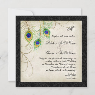 Aquarelle Peacock Feather Black Damask Invitation