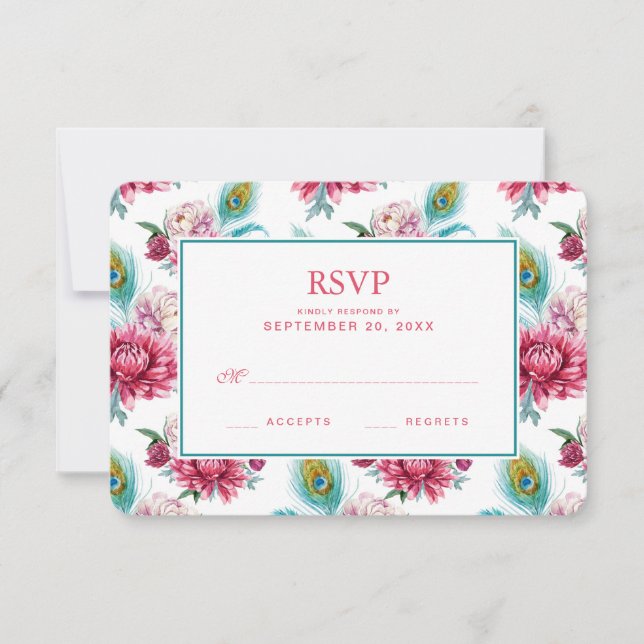 Aquarelle Peacock & Flore rouge - Mariage RSVP (Devant)