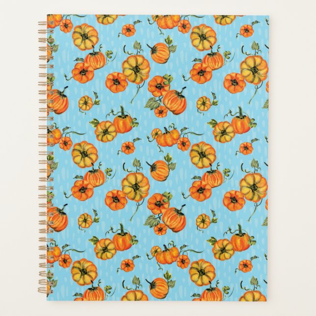 Aquarelle Peinte Automne Citrouilles Orange/Bleu (Devant)