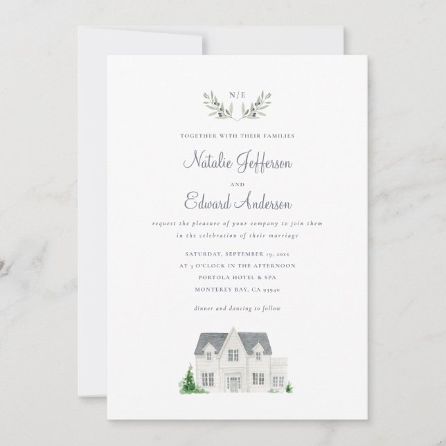 Aquarelle peinte branche d'olivier + manoir (Devant)