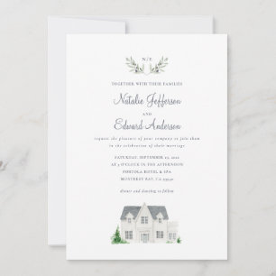 Aquarelle peinte branche d'olivier + manoir