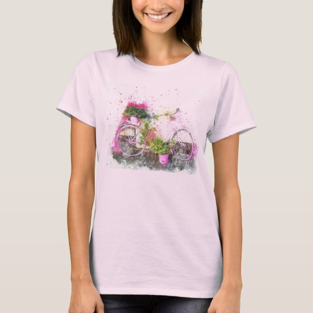 Aquarelle peinte vélo en tshirt rose (Devant)