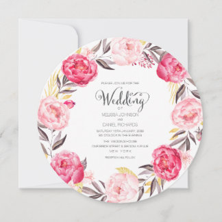 Aquarelle Peonies Floral Wreath Wedding Invitation