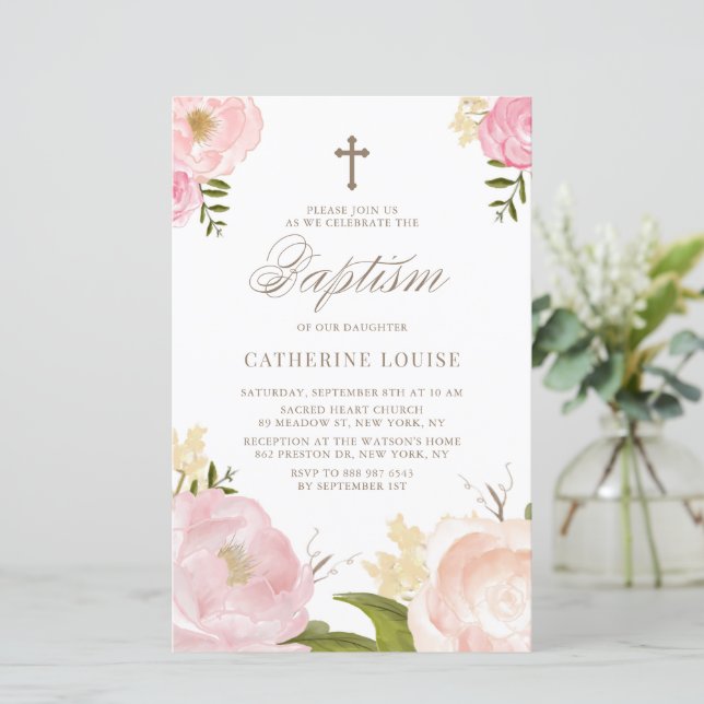Aquarelle Peonies roses Floral Baptism Invitation (Debout devant)
