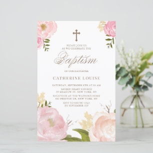 Aquarelle Peonies roses Floral Baptism Invitation
