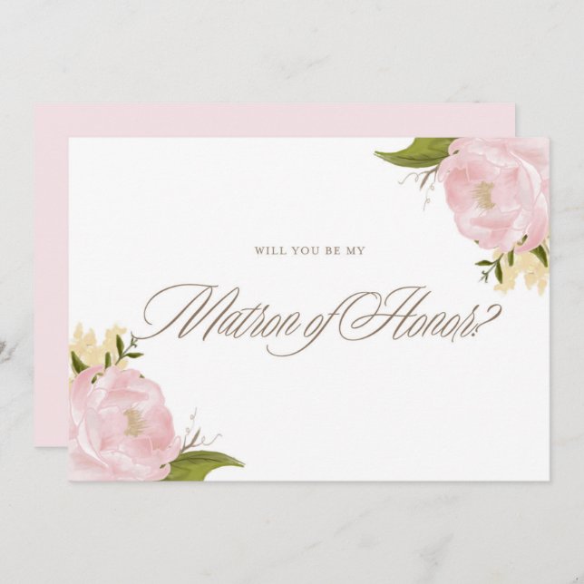 Aquarelle Peonies roses Soyez ma carte d'honneur (Devant / Derrière)