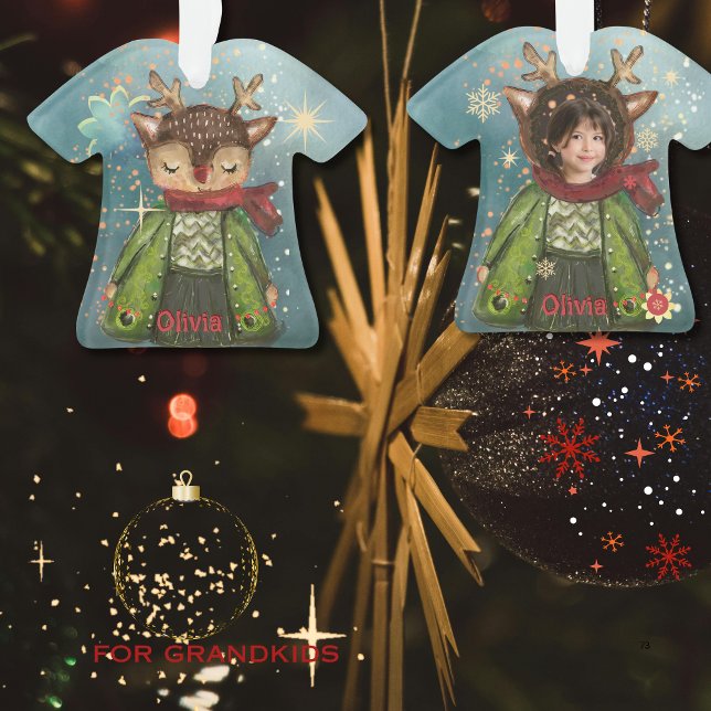 Aquarelle personnalisée Cerfs-enfants Photo Noël (Custom Watercolor Deer Kids Photo Christmas Ornament)